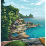 An establishing shot of the islands coast, second panel featuring a close-up of a mermaid's tail